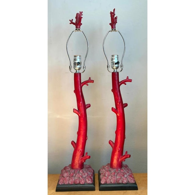 Late 20th Century Vintage Red Coral Branch Table Lamps - Pair For Sale - Image 5 of 12