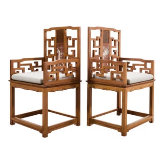 Pair of Chinese Ming Style Scholar's Armchairs With Marble Inset For Sale