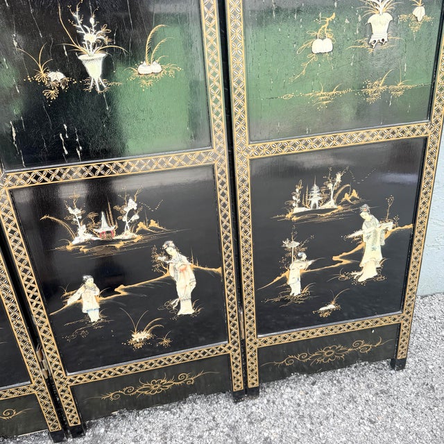 Chinese Hand Painted and Mother of Pearl Room Divider/Screen - 4 Panels For Sale In West Palm - Image 6 of 12