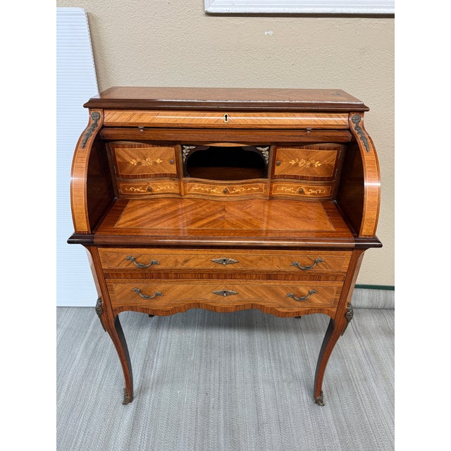 Brown Louis XV Style Roll Top Writing Desk For Sale - Image 8 of 12