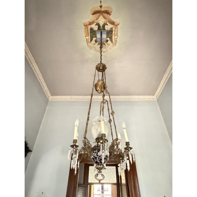 Mid-Century Modern French 7-Light Chandelier in Bronze, Majolica and Crystal, 1930s For Sale - Image 3 of 8