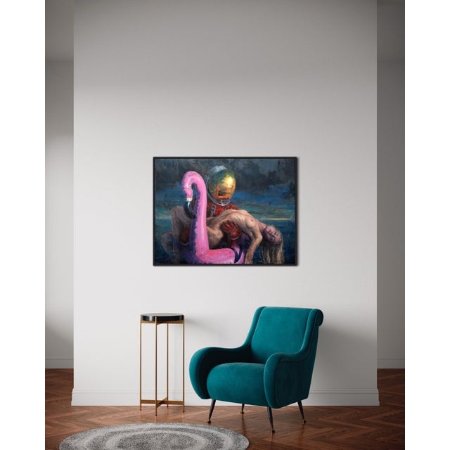 This artwork depicts a surreal scene where an astronaut cradles a figure draped over a vibrant pink flamingo float. The...