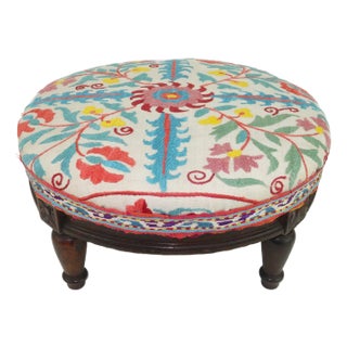 Vintage Suzani Embroidered Textile Wood Footstool For Sale