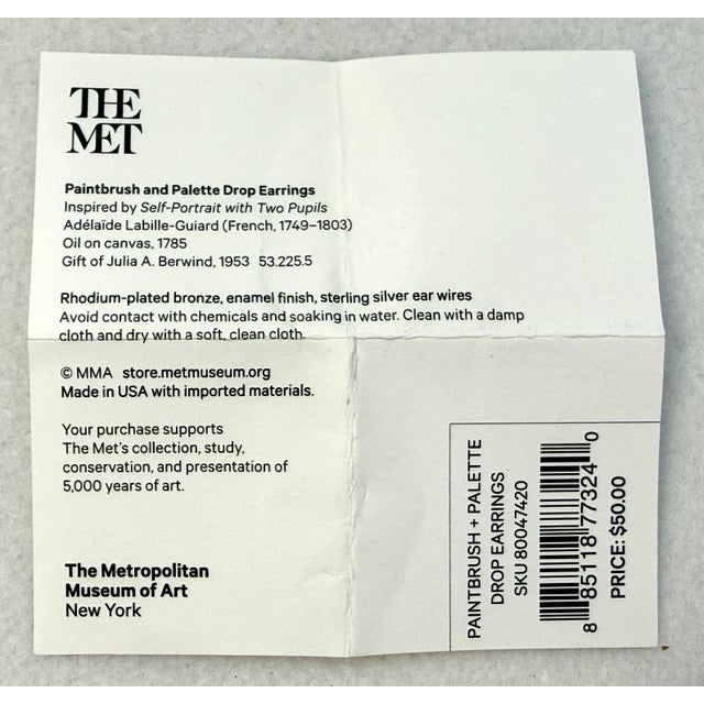 The Met Paintbrush & Palette Drop Earrings Sterling Silver Posts Mma Artist New For Sale In Los Angeles - Image 6 of 7