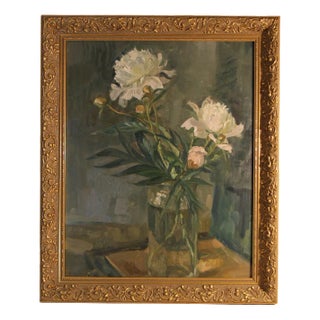 Impressionist Artist, Still Life of Peonies in a Vase, 1948, Oil on Board, Framed For Sale