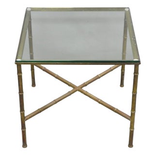 Vintage Hollywood Regency Brass Faux Bamboo Square Glass Top Low Side Table For Sale