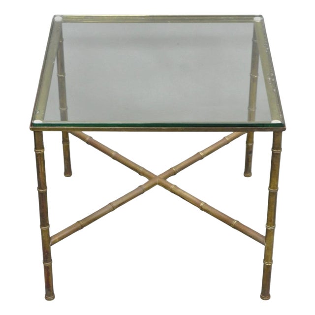 Vintage Hollywood Regency Brass Faux Bamboo Square Glass Top Low Side Table For Sale