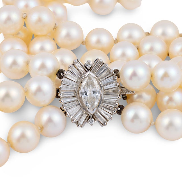 Vintage Pearl Diamond 14k White Gold 3 Strand Necklace For Sale - Image 4 of 4