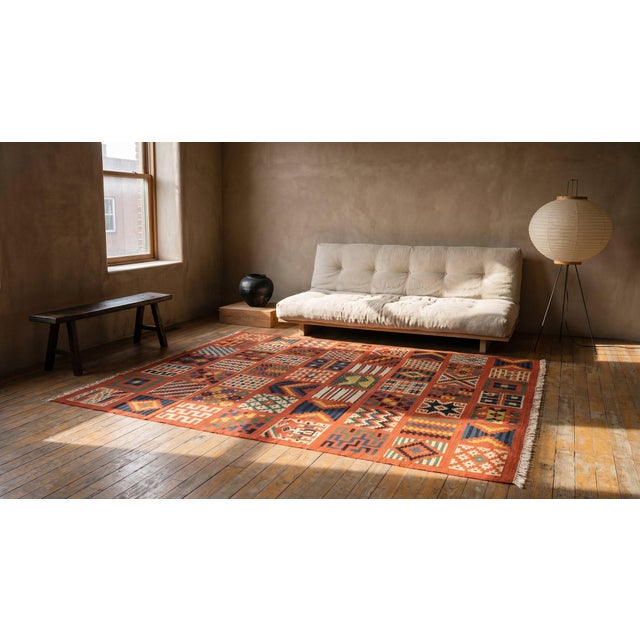 Extraordinary Red-Raspeberyy Background Color With Phenomenal Geometric Design Antique Tunisian Gafsa Rug For Sale - Image 13 of 15