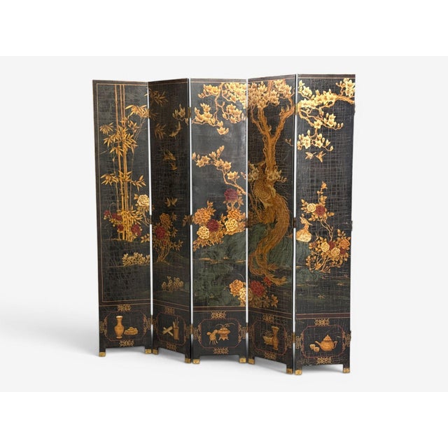 Chinese Export, Jappanned Screen, Crackle Lacquer, Gilt, Brass, China, 1960s For Sale - Image 4 of 18