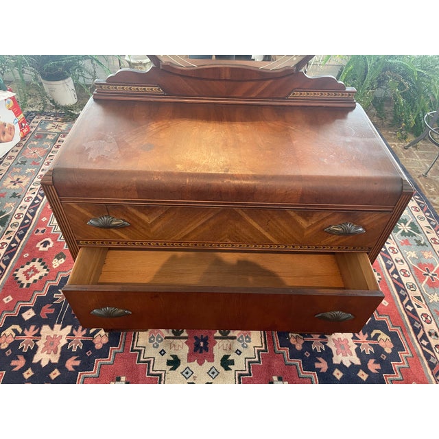1930s Art Deco Waterfall Vanity - 3 Drawer Dresser - Walnut Inlays - Original Etched Mirror, c.1935 For Sale - Image 5 of 9