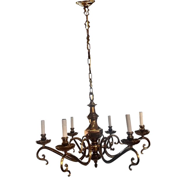 1980s 6 Arm Brass Chandelier For Sale