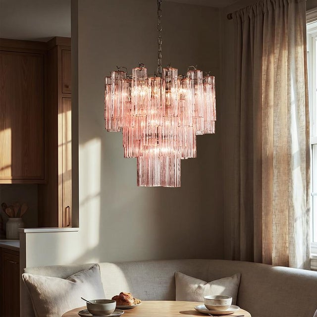 Aloadecor 23'' Modern Pink Textured Glass Chandelier in Polished Nickel Elegant Glam Tiered Pendant Light For Sale - Image 11 of 12