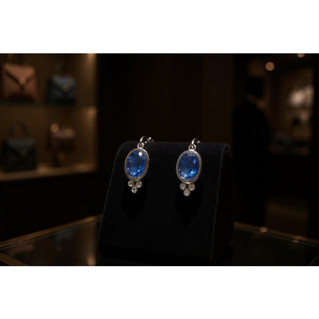 14k Gold Lever Back Earrings With 4.15 Carat Cabochon Sapphire and Diamond, A Pair For Sale - Image 4 of 9
