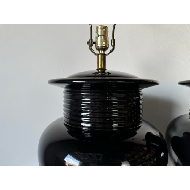 1980's Vintage Art Deco - Asian Style Black Glaze Ceramic Table Lamps - A PairLD For Sale In Miami - Image 6 of 12
