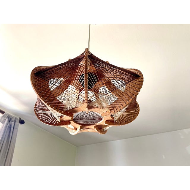 Scandinavian Pendant Light in Wood and Stretched Wire, 1970 For Sale - Image 3 of 12