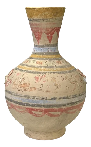 Earthy Beige Pottery Bulb Shape Faded Floral Geometric Pattern Art Vase