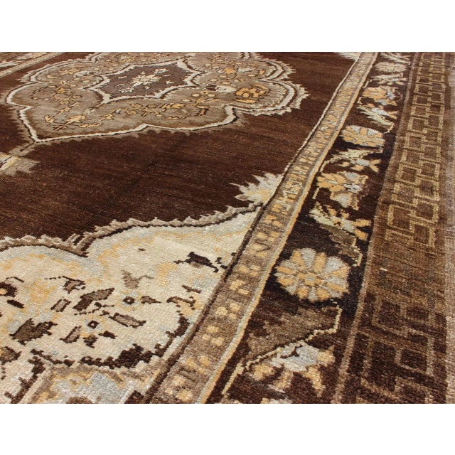 Textile Mid 20th Century Brown Background Floral Medallion Vintage Turkish Kars Rug in Ivory and Taupe For Sale - Image 7 of 10