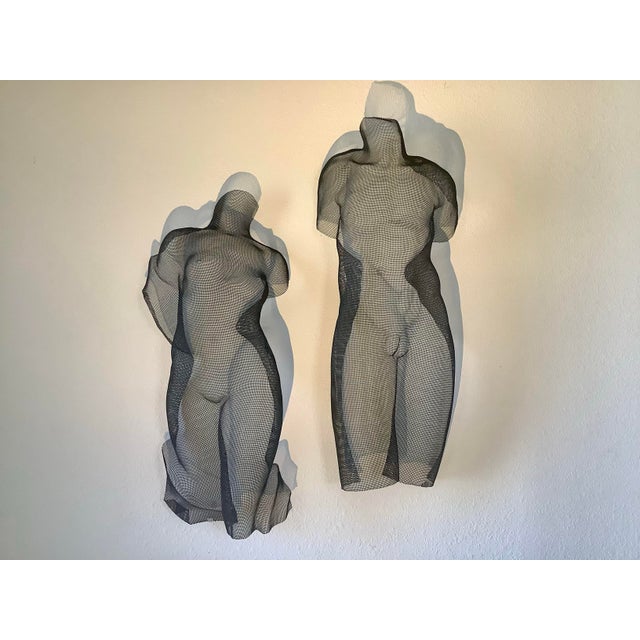 1990s Monumental Pair Eric Boyer Wire Mesh Nude Sculptures, Signed & Dated 1993/1999 – Male & Female Wall Forms For Sale - Image 11 of 11
