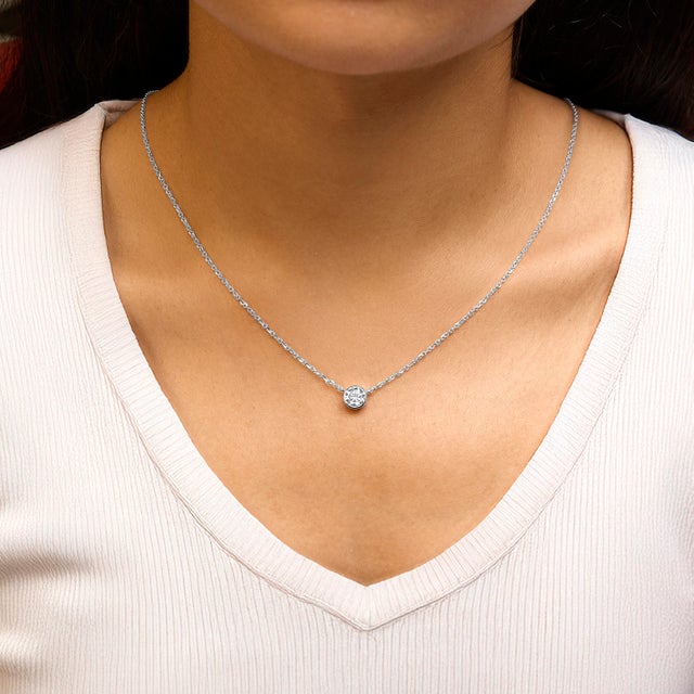 14K White Gold 1.00 Cttw Bezel Set Round Lab-Grown Diamond Solitaire 18" Pendant Necklace For Sale - Image 4 of 5