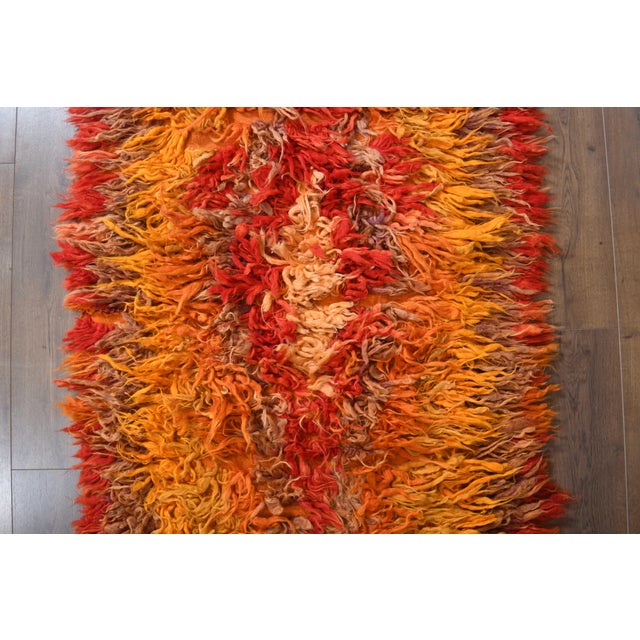 1970s 1970s Vintage Handmade Wool Cotton Orange Red High Pile Runner Rug For Sale - Image 5 of 11