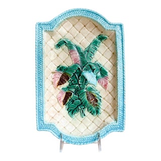 Antique Majolica Banana Leaf Pattern Rectangular Decorative Plate For Sale