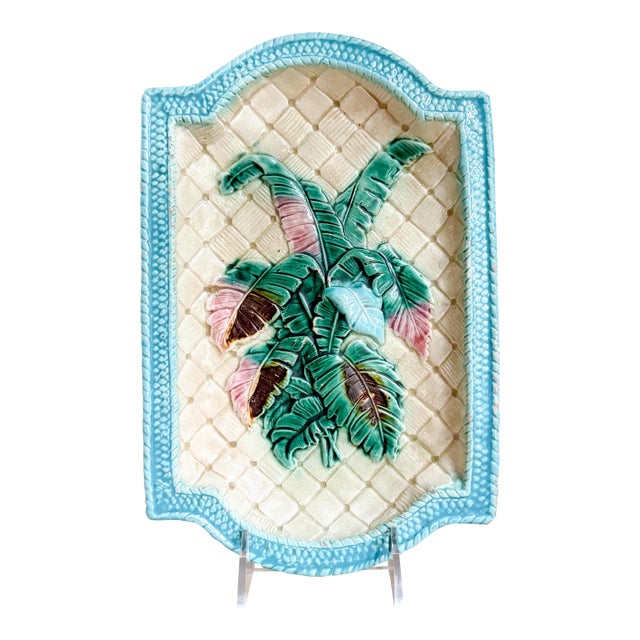 Antique Majolica Banana Leaf Pattern Rectangular Decorative Plate For Sale