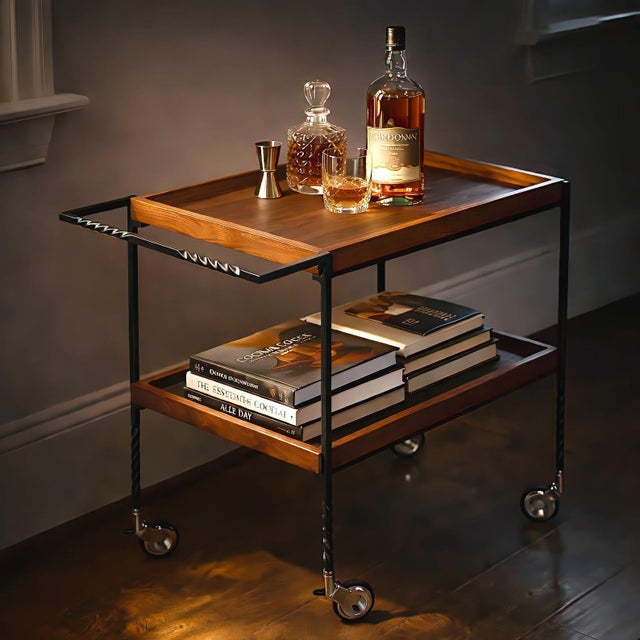 Handmade two-tier rolling bar / serving cart by Live One's, Wake Forest, North Carolina. Two solid black walnut trays with...
