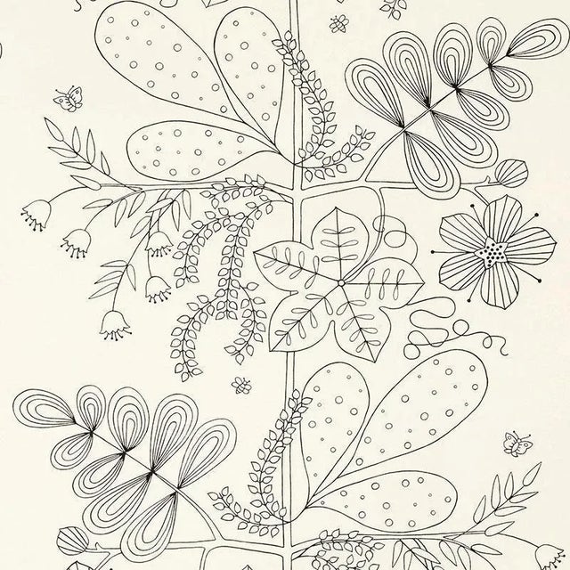 A stylized botanical pattern, Blommen's tendrils, bluebells, and palm-style fronds recall midcentury Scandinavian designs....