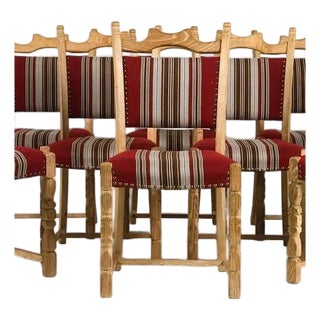 1960s Set 8 Danish Mid Century Dining Chairs Carved Oak & Striped Upholstery For Sale