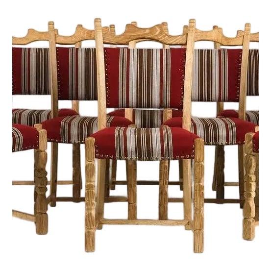 1960s Set 8 Danish Mid Century Dining Chairs Carved Oak & Striped Upholstery For Sale