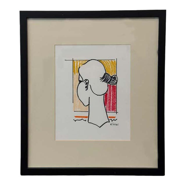 Pastel and Ink Portrait of a Woman Looking Away .By Bw. Tishel For Sale