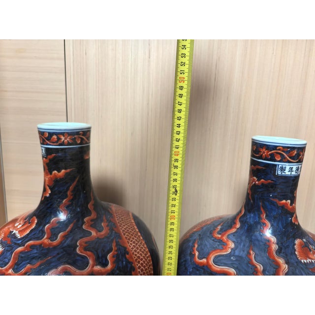 Chinese A Pair of Chinese Ceramic Vase Ming Dynasty Xuande Marked Blue Ground Famille Verte Porcelain Tianqiu Vase Hand Painted Dragon Pattern For Sale - Image 3 of 16