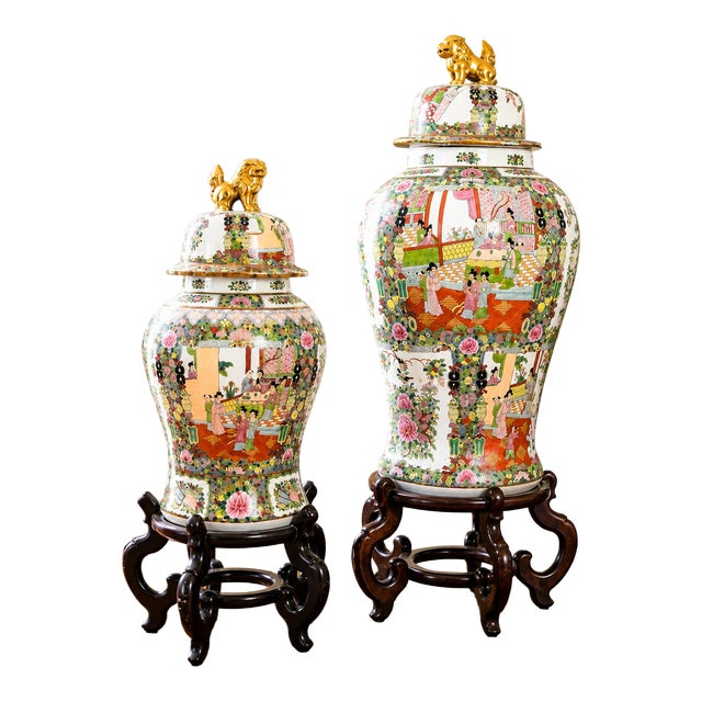 Chinese Famille Rose Porcelain Covered Vase/Jar With a Carved Hardwood Display Stand For Sale