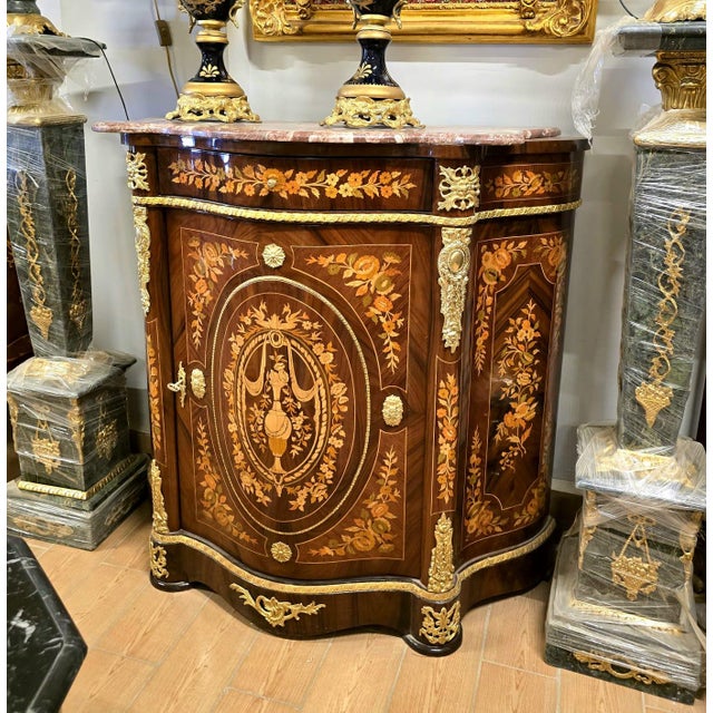Exquisite French Accent Cabinet With Floral Marquetry, Marble Top & Bronze Mounts For Sale - Image 4 of 5