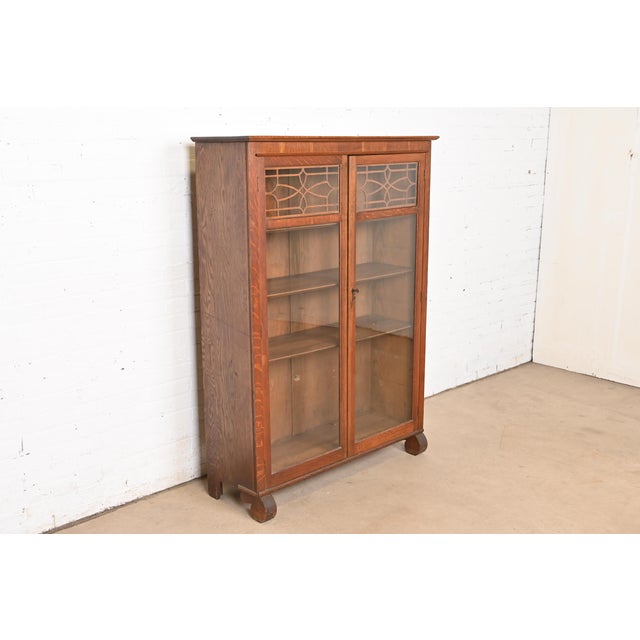 Stickley Brothers Antique American Empire Carved Oak Glass Front Bookcase, Circa 1890 For Sale - Image 4 of 10