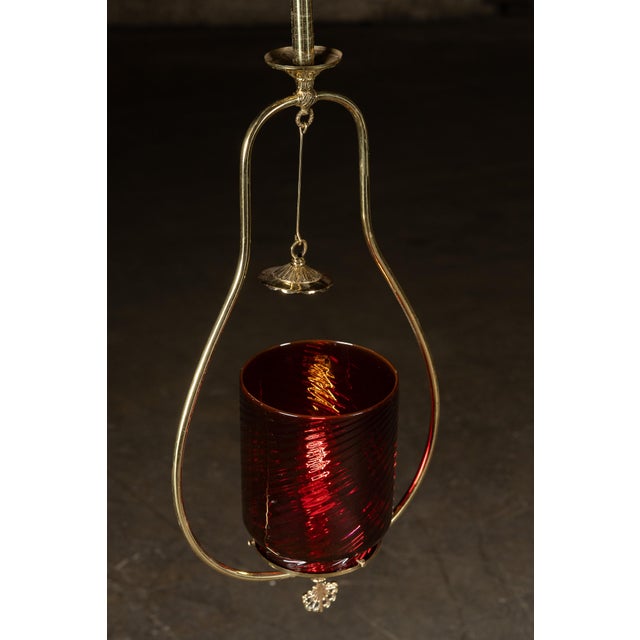 Mid 20th Century Mid-Century Brass Pendant Lamp With Cranberry Glass Shade For Sale - Image 5 of 5