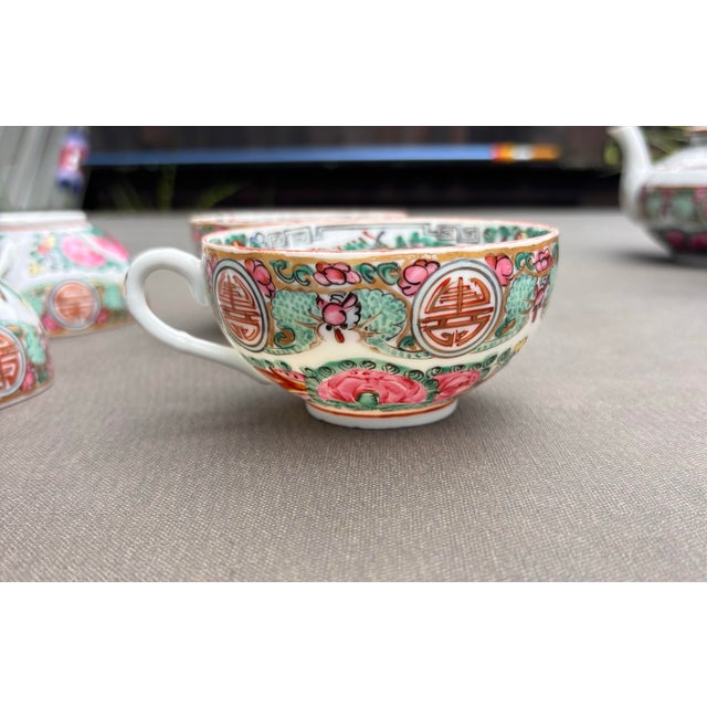 Vintage Chinese Export Famille Rose Medallion Canton Porcelain Tea Service | 11 Piece Hand-Painted Teapot Set With Cups, Creamer & Covered Bowls For Sale - Image 10 of 12