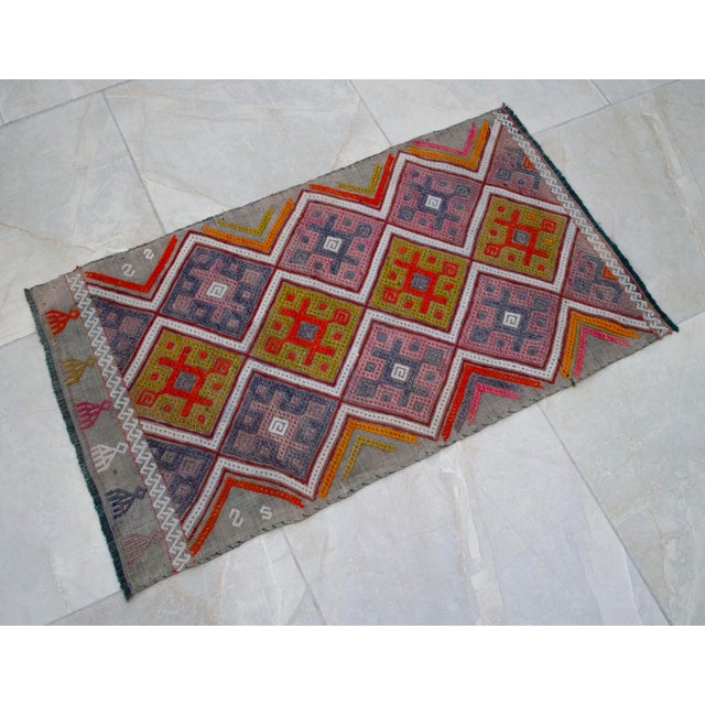 Hand-Made Braided Turkish Small Rug Cicim Kilim Wool Doormat Accent Rug For Sale - Image 12 of 13