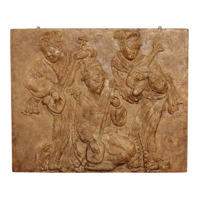 Chinese Musician Trio Large Carved Wall Relief Sculpture For Sale