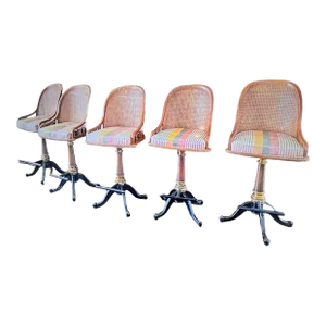 1970s Drexel Et Cetera Wood, Cane Brass and Iron Barstools - Set of 5