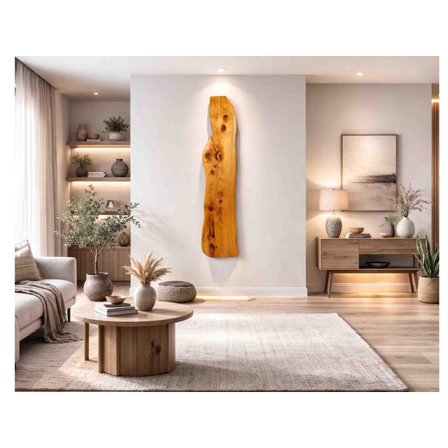 Handmade Modern Minimal Live Edge Tall Wall Hanging Solid Polished Wood Slab Sculpture Art For Sale - Image 18 of 18