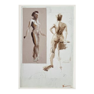 Vintage French Figure Painting Sketch and Collage With Mat For Sale