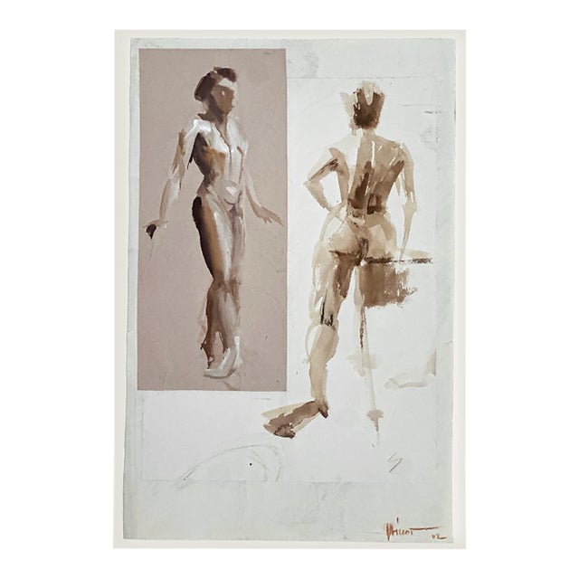 Vintage French Figure Painting Sketch and Collage With Mat For Sale