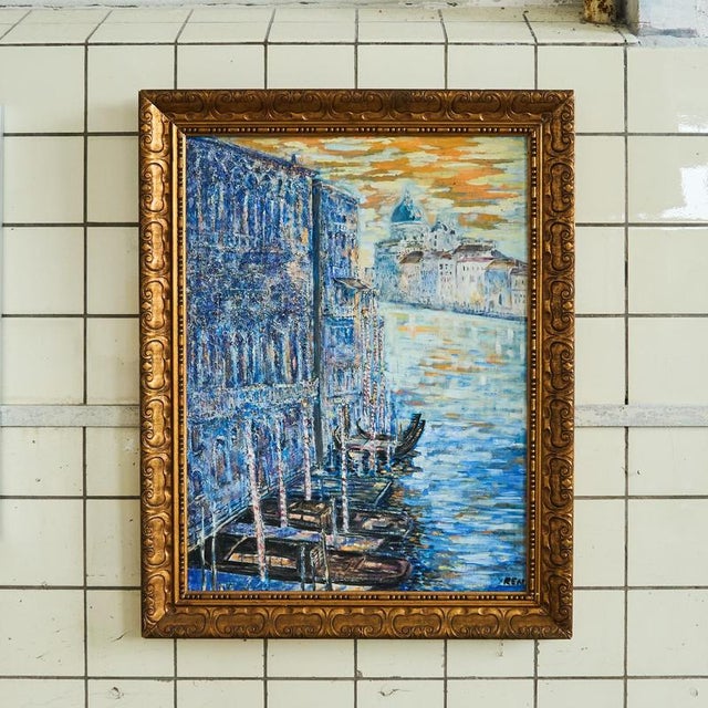 A wonderful and large painting depicting the canals of Venice. Europe, mid 20th century. Colorful and very expressive,...