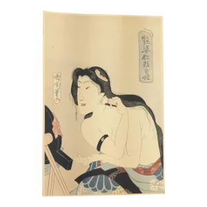 Early 20th Century Japanese Woodblock Print of a Lady Applying Makeup