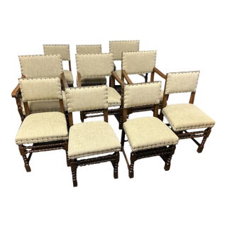 Set of 10 18th Century English Oak Jacobean Dining Chairs With New Linen Upholstery and Oxford Nailhead Trim For Sale
