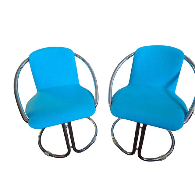 Italian Steel and in Turquoise Cotton Upholstery Armchairs, 1960s, Set of 2 For Sale - Image 6 of 18