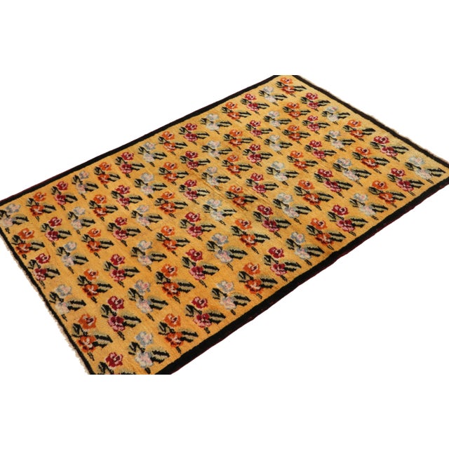 Traditional 1960s Vintage Deco Rug in Gold, Pink-Red All Over Floral Pattern For Sale - Image 3 of 8