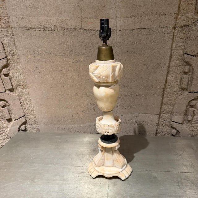 For your consideration, a vintage, hand-carved Italian alabaster or marble table lamp featuring classical or Neoclassical...